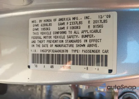 2010 Honda Accord 2.4 Lx z USA, uszkodzony, nr VIN 1HGCP2F32AA062678